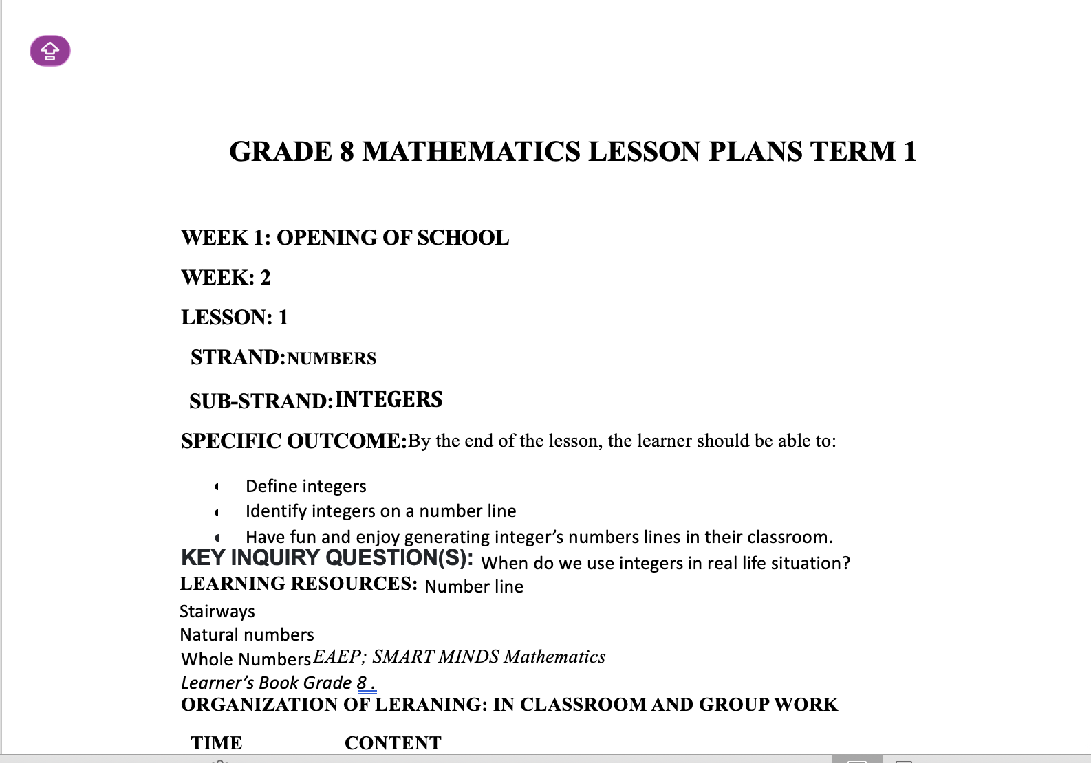 GRADE 8 TERM 1 MATHEMATICS LESSON PLANS